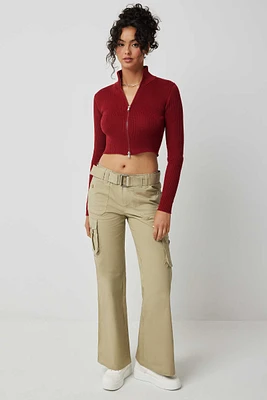 Ardene Flare Cargo Pants with Belt in Khaki | Size | Spandex/Cotton