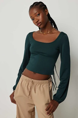 Ardene Crop Balloon Sleeve Top in Dark Green | Size | Polyester/Elastane