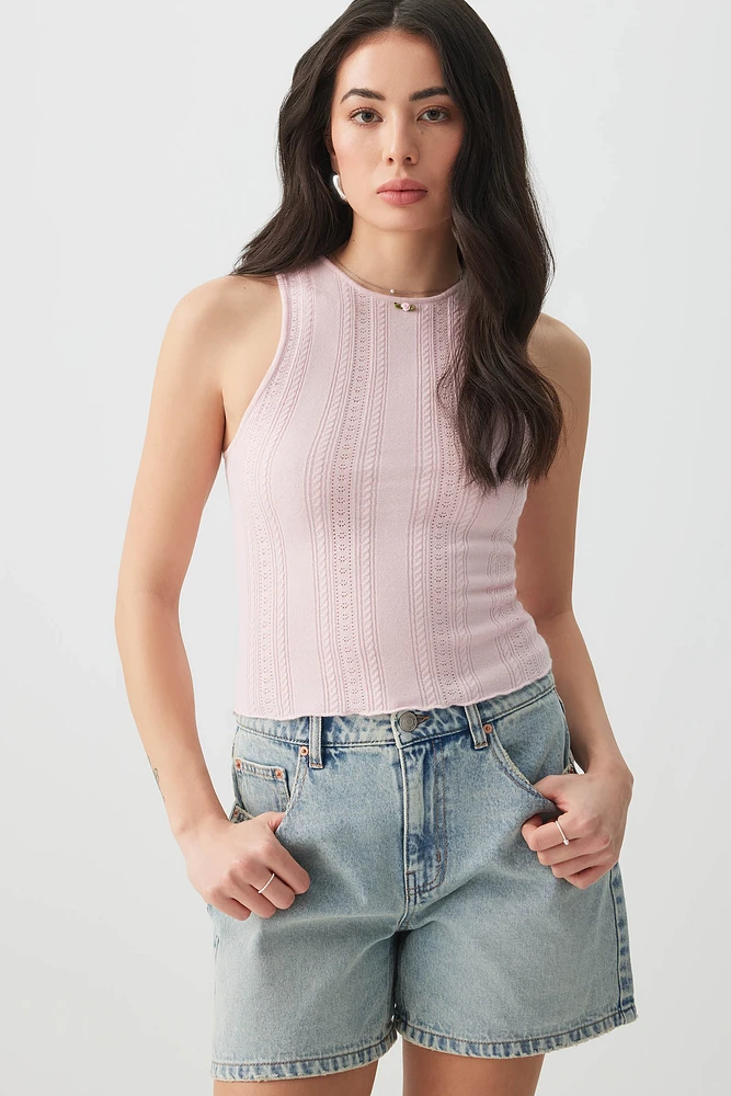 Ardene Pointelle Tank Top with Rosebud Detail in Light Pink | Size | Polyester/Rayon/Nylon