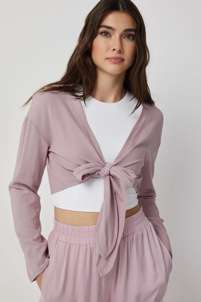 Ardene Linen Blend Knot Front Cardigan in Light Pink | Size | Viscose