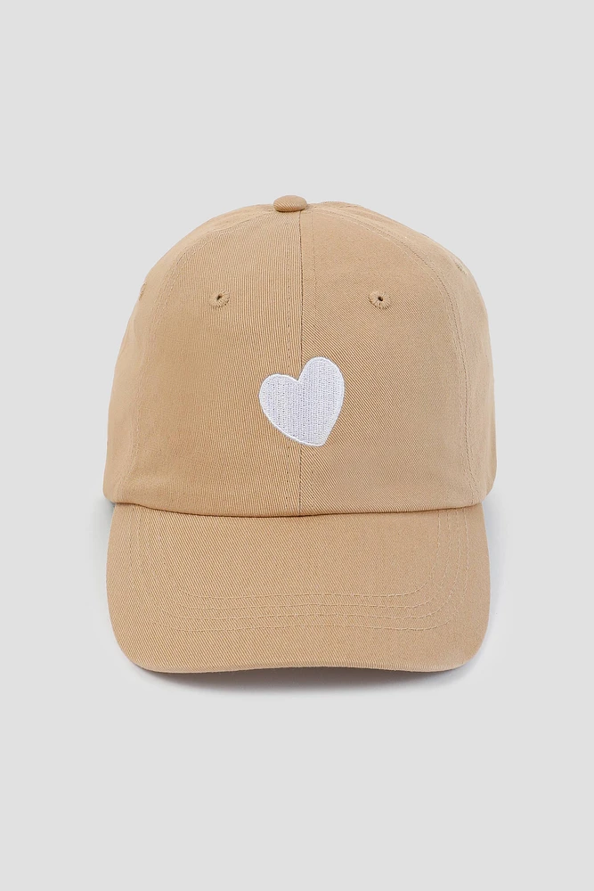 Ardene Heart Embroidered Cap in Beige | 100% Cotton