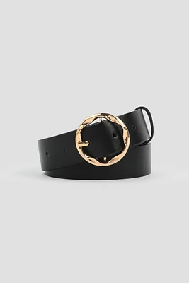 Ardene Wavy Round Buckle Belt in Black | Size | Faux Leather