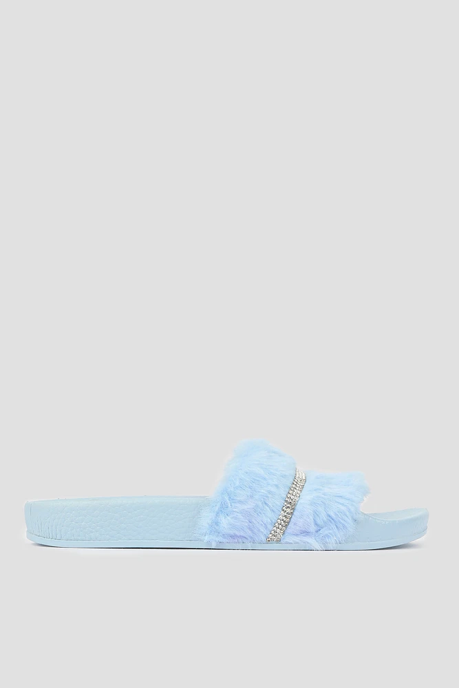 Ardene Kids Slingback Sandals With Faux Fur Detail in Light Blue | Size