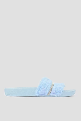 Ardene Kids Slingback Sandals With Faux Fur Detail in Light Blue | Size