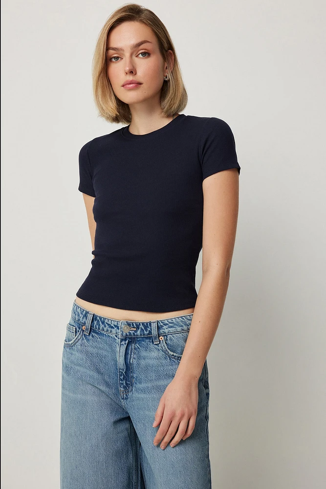 Ardene Short Rib Crew Neck T-Shirt in Dark Blue | Size | Cotton/Elastane