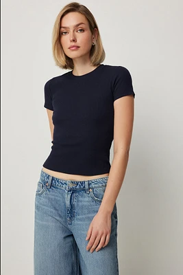 Ardene Short Rib Crew Neck T-Shirt in Dark Blue | Size | Cotton/Elastane