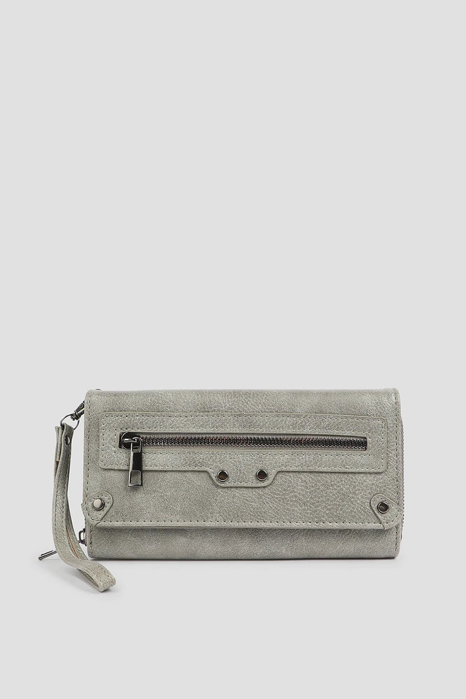 Ardene Wallet with Zipper Accent in Grey | Faux Leather/Polyester