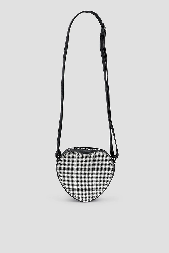 Ardene Crystal Heart Shaped Crossbody Bag in Silver | Polyester