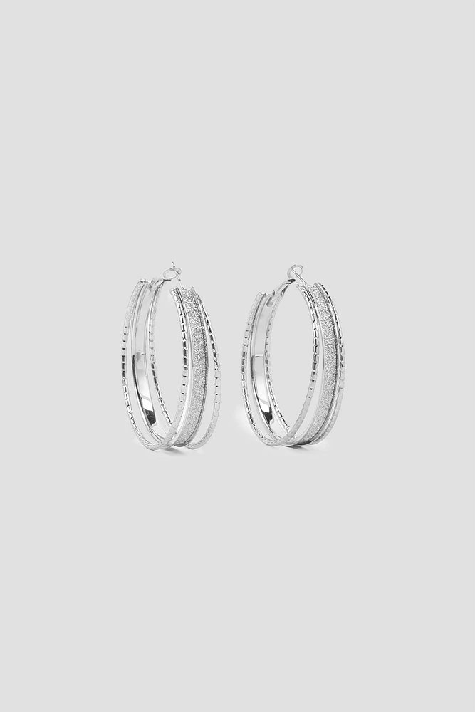 Ardene Three-Row Hoop Earrings with Gitters in Silver