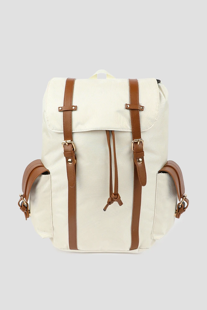 Ardene Canvas Backpack with Faux Leather Trims in Beige | Eco-Conscious