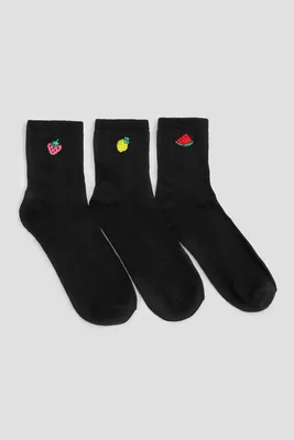 Ardene 3-Pack of Fruit Demi Crew Socks in Black | Polyester/Spandex