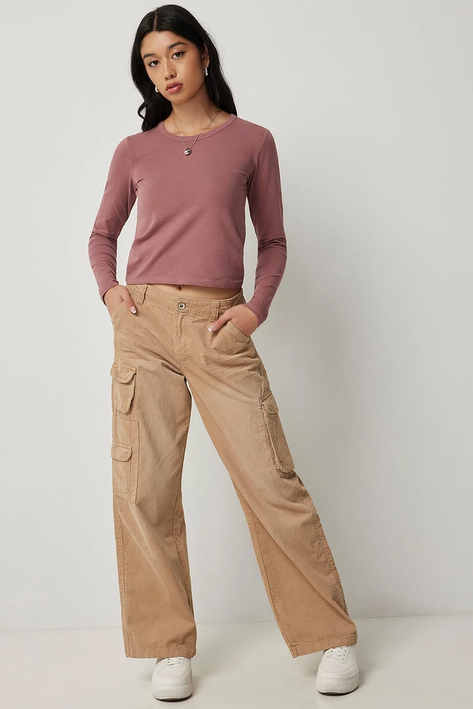 Ardene Wide Leg Corduroy Cargo Pants in Beige | Size | 100% Cotton