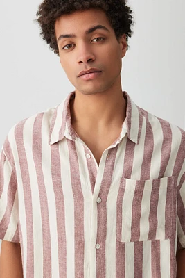 Ardene Man Striped Linen Blend Short Sleeve Shirt For Men in Medium Pink | Size | Rayon