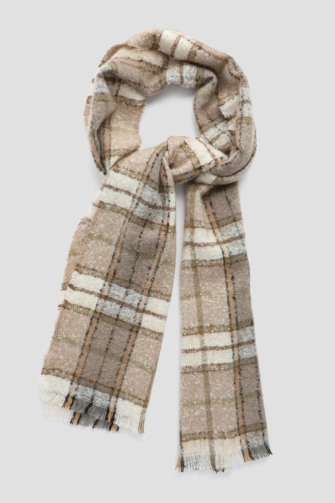 Ardene Plaid Boucle Knit Scarf in Beige | Polyester