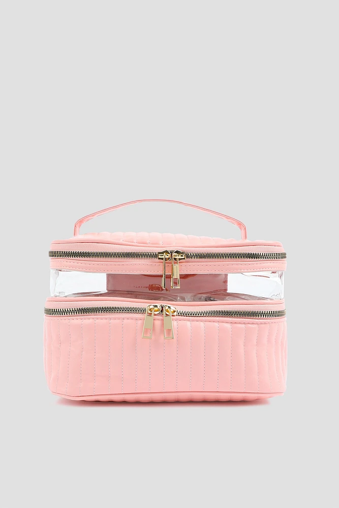 Ardene Quilted Double Deck Makeup Bag in Light Pink