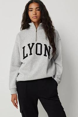 Ardene Embroidered Oversized Half Zip Sweatshirt in Light Grey | Size | Polyester/Cotton | Fleece-Lined