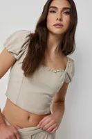 Ardene Linen Blend Puff Sleeve Crop Top in Beige | Size | Viscose