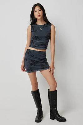 Ardene Floral Mesh Mini Skirt in Dark Grey | Size | Polyester/Spandex