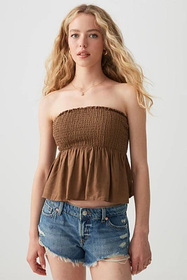Ardene Linen Blend Smocked Tube Top in Brown | Size | Viscose