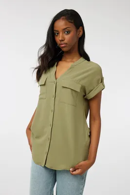 Ardene Tunic Shirt with Mao Collar in Khaki | Size | Polyester/Elastane