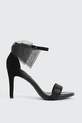 Ardene High Heel Sandals with Bow Detail in Black | Size | Faux Leather/Faux Suede