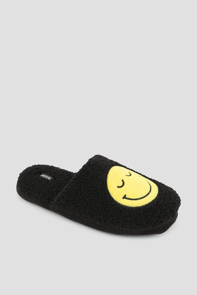 Ardene Smiley Face Slippers in Black | Size | Eco-Conscious