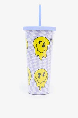 Ardene Checkered Happy Face Tumbler in Lilac