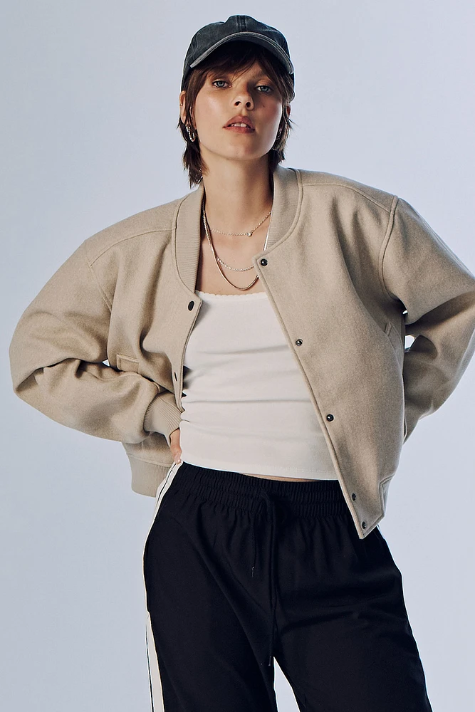 Ardene Crop Felt Bomber Jacket in Beige | Size | Polyester