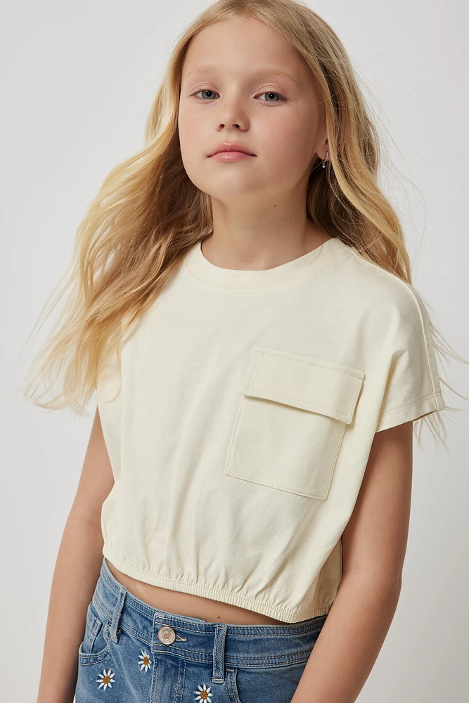 Ardene Kids Crop T-Shirt with Elastic Hem in Beige | Size | 100% Cotton