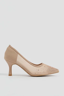 Ardene Embellished Mesh Pumps in Beige | Size | Faux Leather