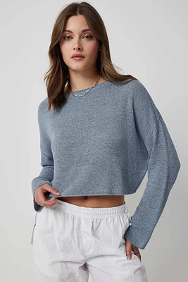 Ardene Fine Knit Crop Boxy Sweater in Medium Blue | Size | Nylon