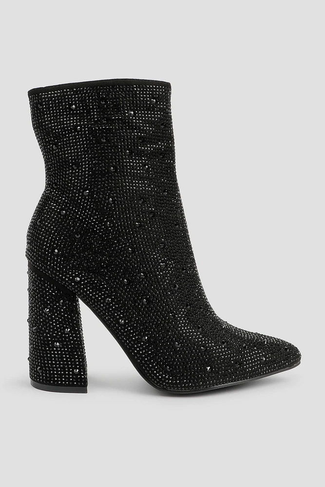 Ardene Rhinestone Block Heel Booties in Black | Size | Faux Suede