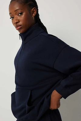 Ardene Oversized Half-Zip Mock Neck Sweatshirt in Dark Blue | Size Medium | Polyester/Cotton | Eco-Conscious