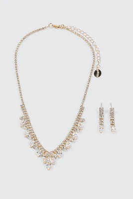 Ardene Rhinestone V Necklace & Earring Set in Gold | Stainless Steel