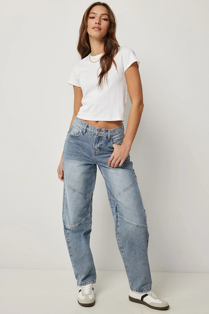 Ardene Mid Rise Barrel Leg Jeans in Medium Blue | Size | Rayon/Cotton