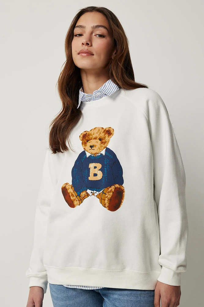 Ardene Teddy Bear Raglan Sweatshirt in White | Size | Polyester/Cotton | Fleece-Lined