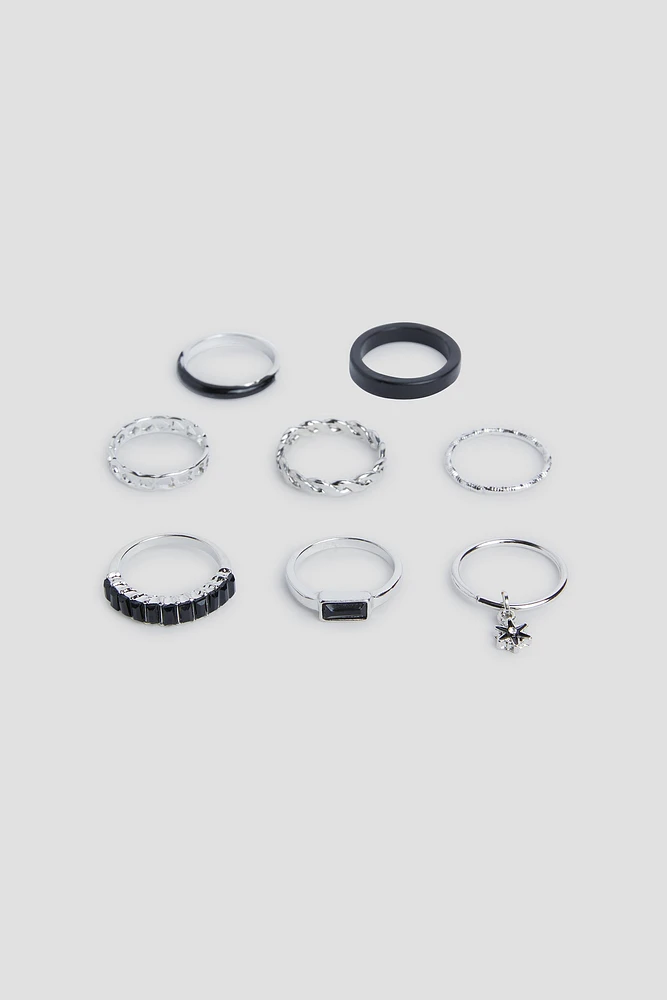 Ardene 8-Pack Black Enamel Rings in Silver | Size Small