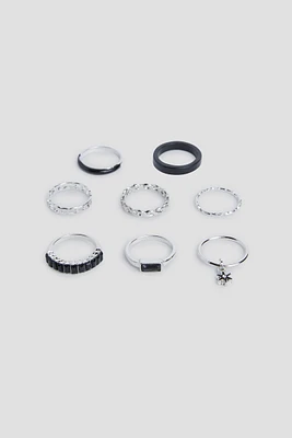 Ardene 8-Pack Black Enamel Rings in Silver | Size