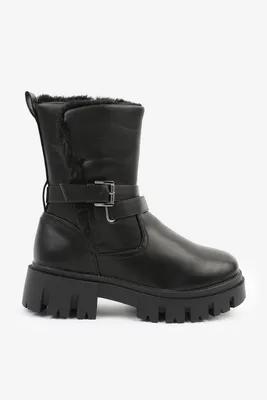 Ardene Warm-Lined Chunky Boots with Ankle Strap in Black | Size 8 | Faux Leather | Microfiber