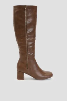 Ardene Flared Bloc Heel Tall Boots in Brown | Size | Faux Leather/Faux Suede