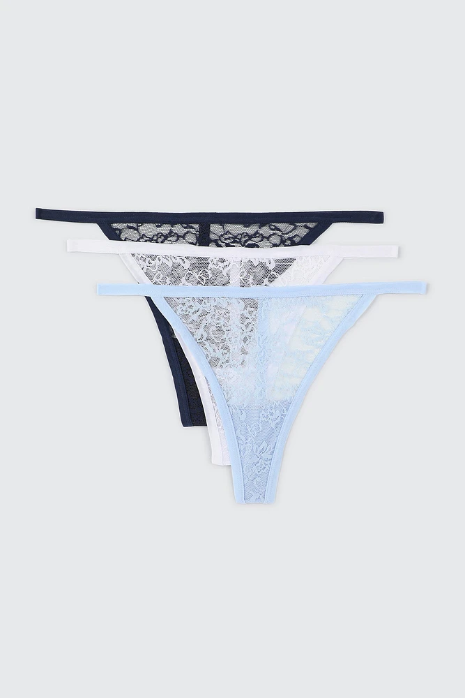 Ardene 3-Pack Lace Thongs in Light | Size | Nylon/Elastane