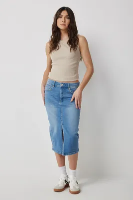 Ardene High Rise Midi Denim Skirt in | Size | Cotton/Elastane