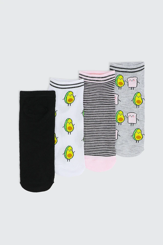 Ardene 4-Pack Avocado Print Ankle Socks in Light Grey | Polyester/Spandex