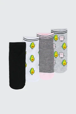 Ardene 4-Pack Avocado Print Ankle Socks in Light Grey | Polyester/Spandex