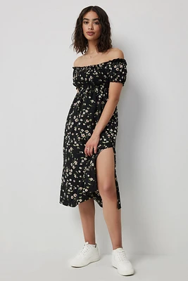 Ardene Floral Off Shoulder Midi Dress in Black | Size | Polyester