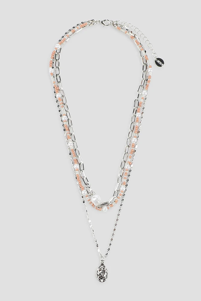 Ardene Three-Row Chain Necklace with Coin Pendant in Silver