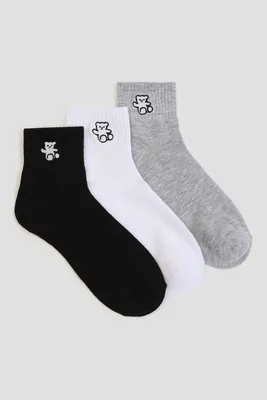 Ardene 3-Pack Bear Embroidery Demi Crew Socks in Grey | Polyester/Spandex