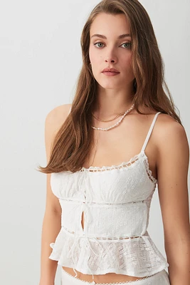 Ardene Textured Mesh Lace Trim Tank in White | Size | Polyester/Nylon/Elastane