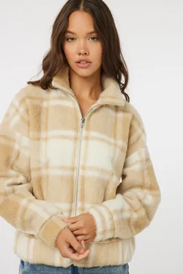 Ardene Plaid Polar Fleece Jacket in Beige | Size | Polyester