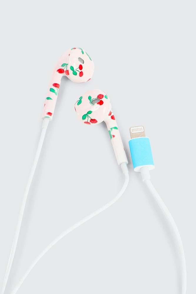 Ardene Cherry Print Lightning Earbuds with Controller in White